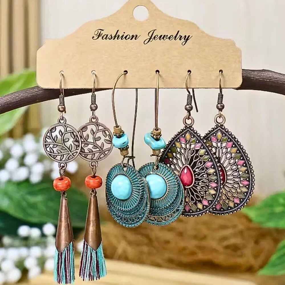 NWT Bohemian Earrings 3 Sets Vacation Style Vintage-Inspired Fashion Dangles